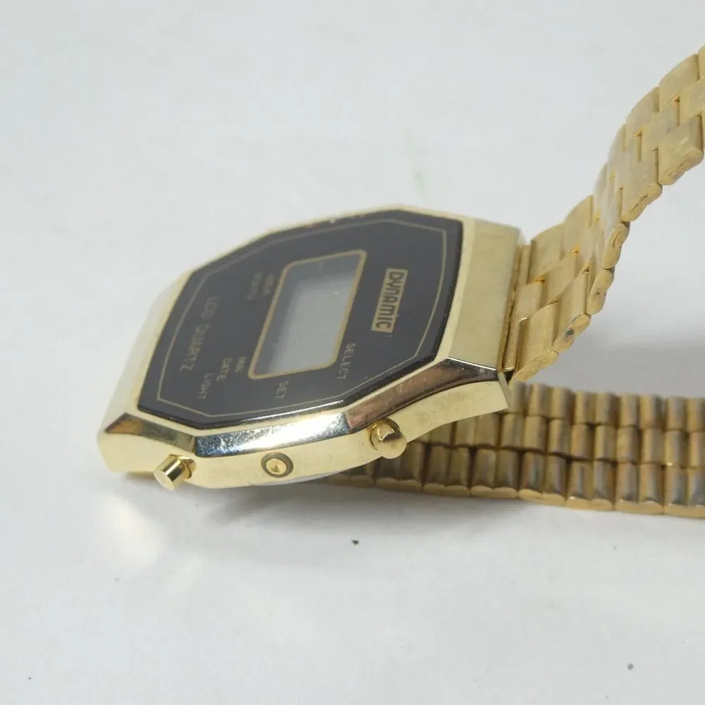 Dynamic LCD Quartz Watch Vintage Goldtone Black Hong Kong Wristwatch